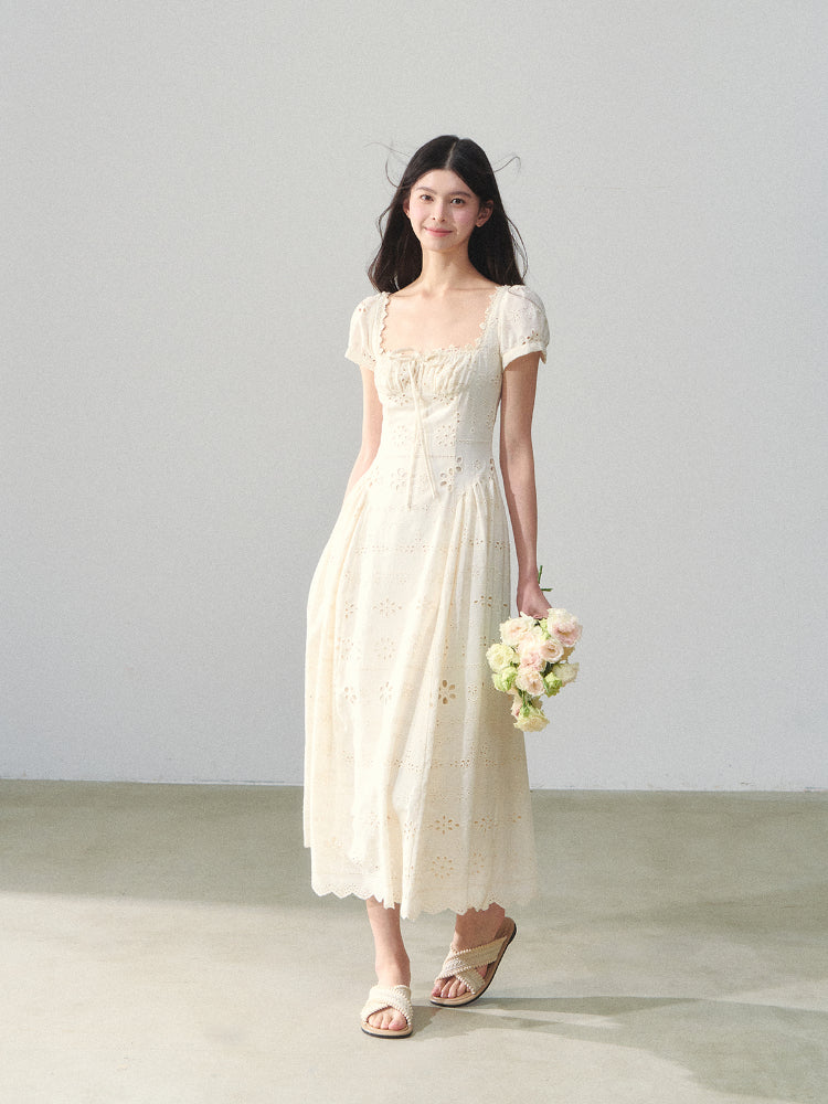 Square-Neck Embroidered Hollow Vacation-style Dress