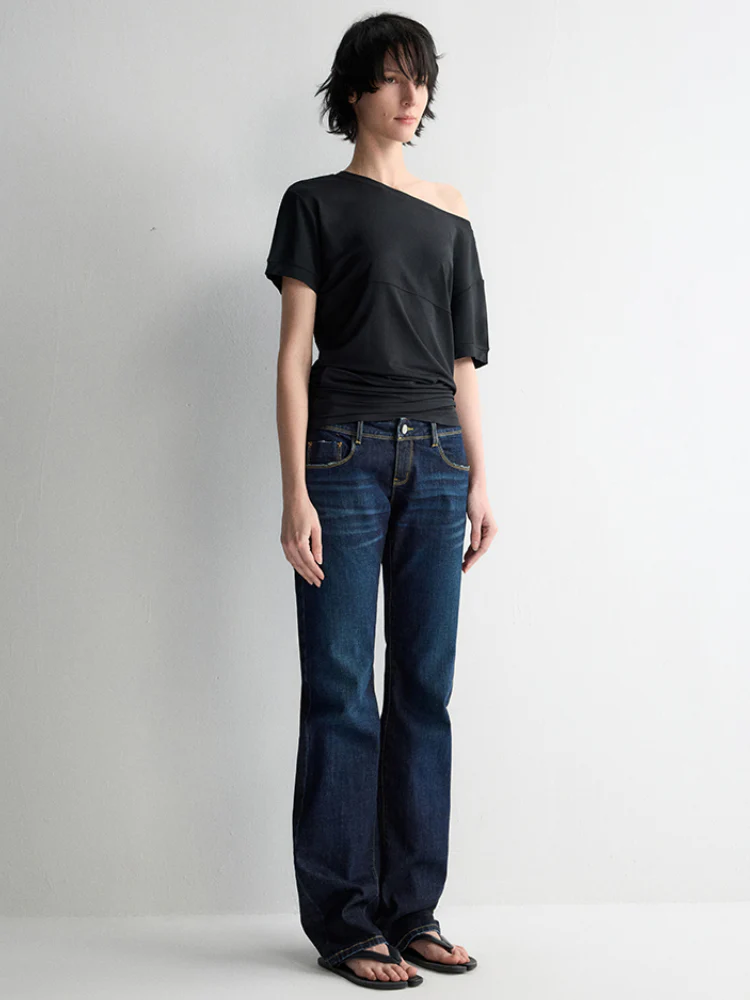 Washed Ultra Low Waist Straight Leg Jeans