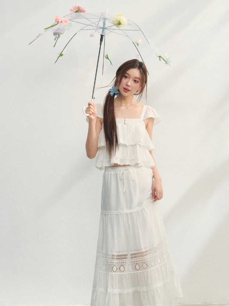 Soft Flutter Sleeve Blouse & Skirt Set