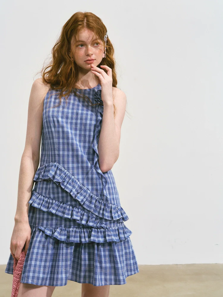 Irregular Plaid Ruffled Sleeveless Dress