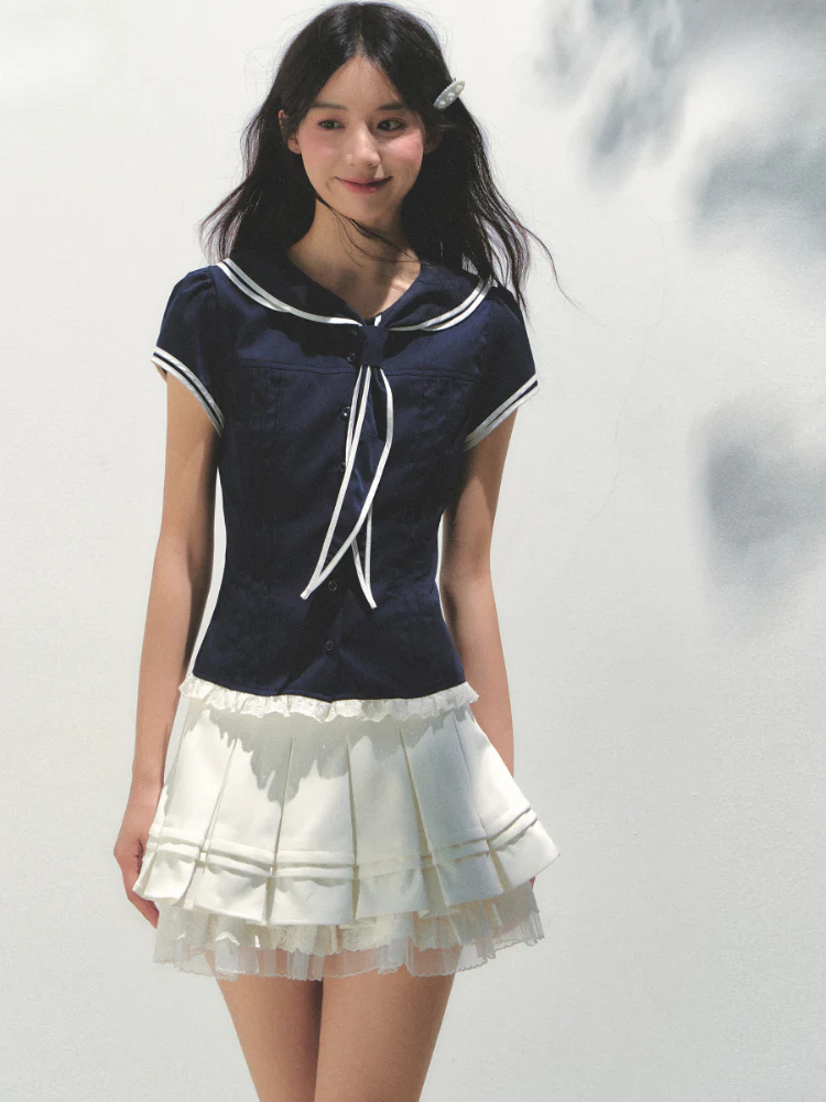 Navy Blue Naval Collar Waist - cinching Shirt