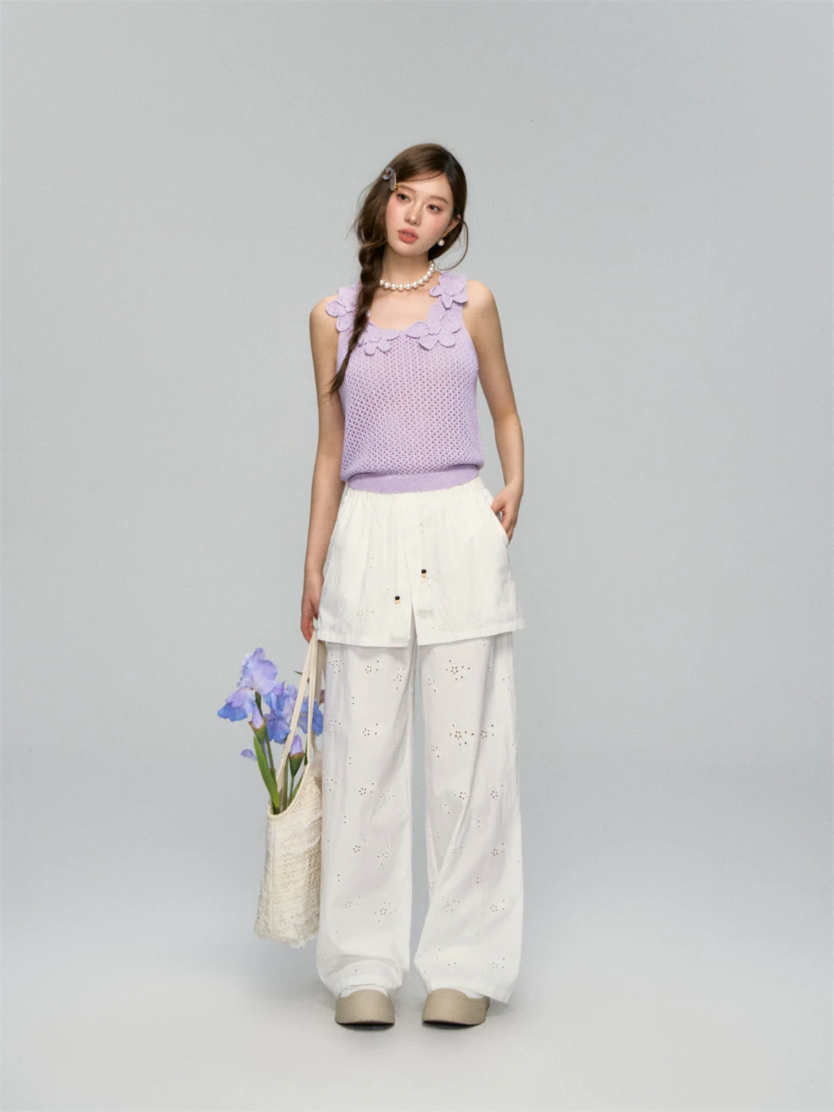Hollow-Out Fauk Two Piece High-Waist Pants