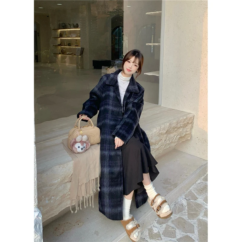 M-4Xl Vintage Long Wool Blends Coats Women Plaid Woolen Jackets Streetwear Korean Plus Size Overcoat Winter Quilted Outerwear