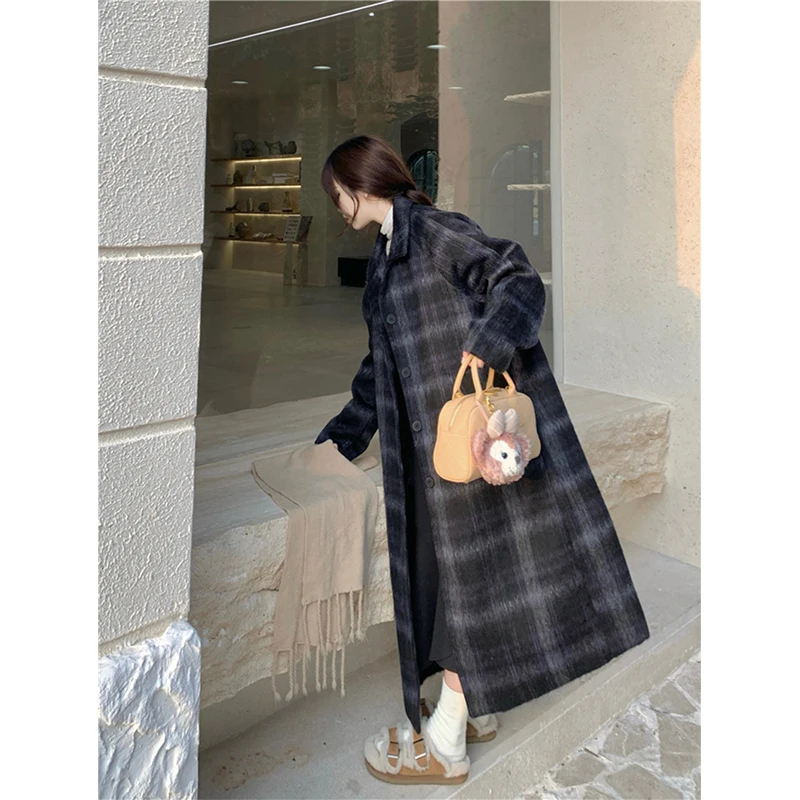 M-4Xl Vintage Long Wool Blends Coats Women Plaid Woolen Jackets Streetwear Korean Plus Size Overcoat Winter Quilted Outerwear