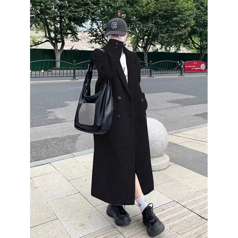 Long Wool Blends Coats Women Streetwear Quilted Jackets Korean Black Blazer Winter Woolen Outerwear Double Breasted Overcoat