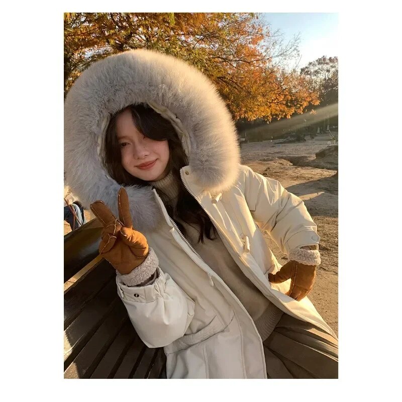 Winter New Fashion Women's Fur Collar Hoodie Loose Down Jacket Thickening Winter Long Korean Style Windproof Long Parkas