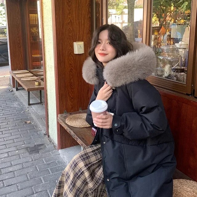 Winter New Fashion Women's Fur Collar Hoodie Loose Down Jacket Thickening Winter Long Korean Style Windproof Long Parkas