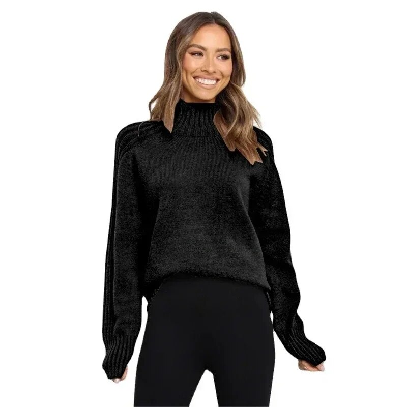 Autumn and Winter Hot Selling Solid Color Women Sweater Cable Sweater Casual Pullover Loose Turtleneck Warm Pullover Loose Soft