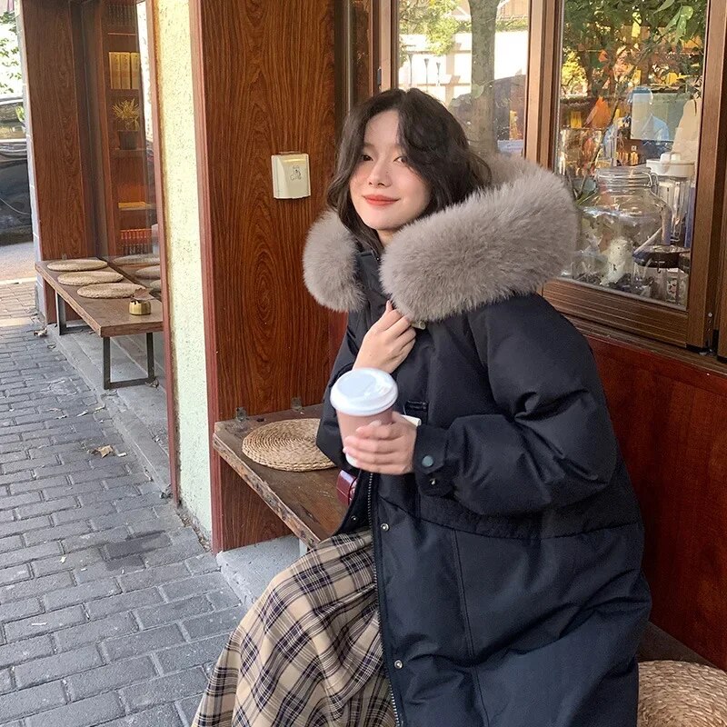 Winter New Fashion Women's Fur Collar Hoodie Loose Down Jacket Thickening Winter Long Korean Style Windproof Long Parkas