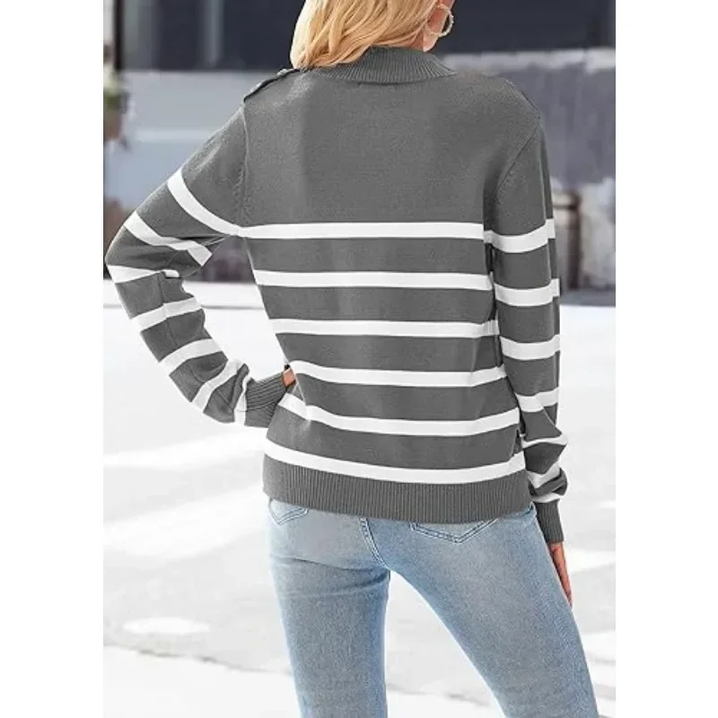 New Fashion Women's  Fall Winter Long Sleeve Knit Sweater Turtleneck Striped Loose Pullover Tops Deco with Metal Buttons