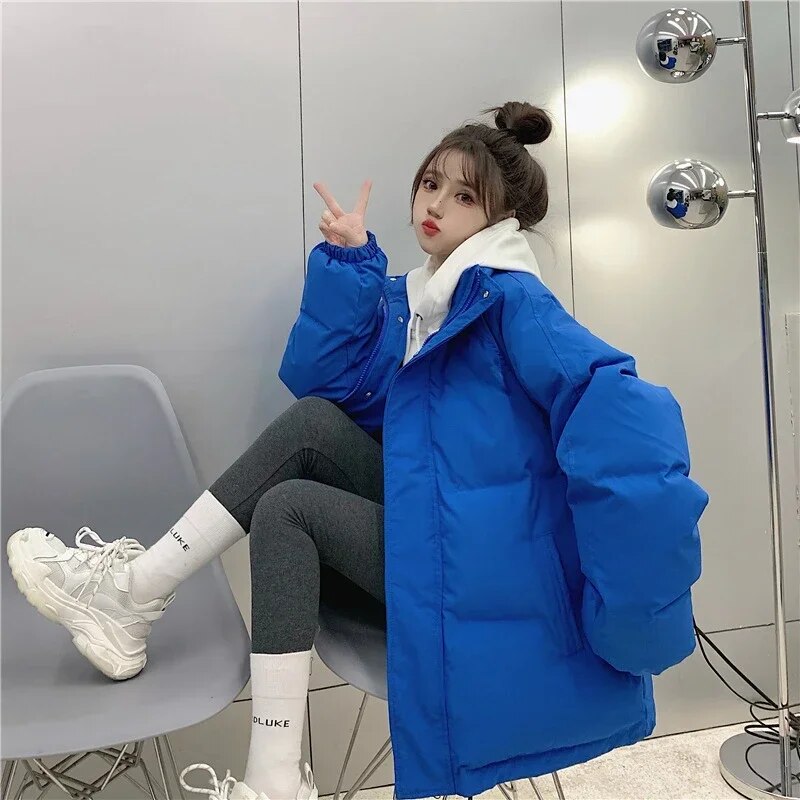 Winter Jacket Women Klein Blue Parkas Thicken Warm Coat Stand Collar Solid Color Casual Parka Fashion New Streetwear Outerwear