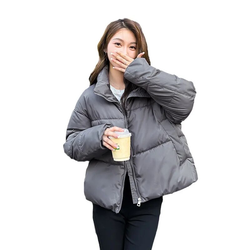 New Winter Down Cotton Jacket Women Zipper Loose Padded Coat Female Solid Thickening Warm Puffer Parkas Jackets Black White