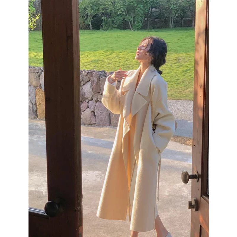 Elegant Long Wool Coats Women Belt Cardigan Woolen Overcoat Korean Lace Up Outwear Winter Vintage Oversized Casual Jackets Tops