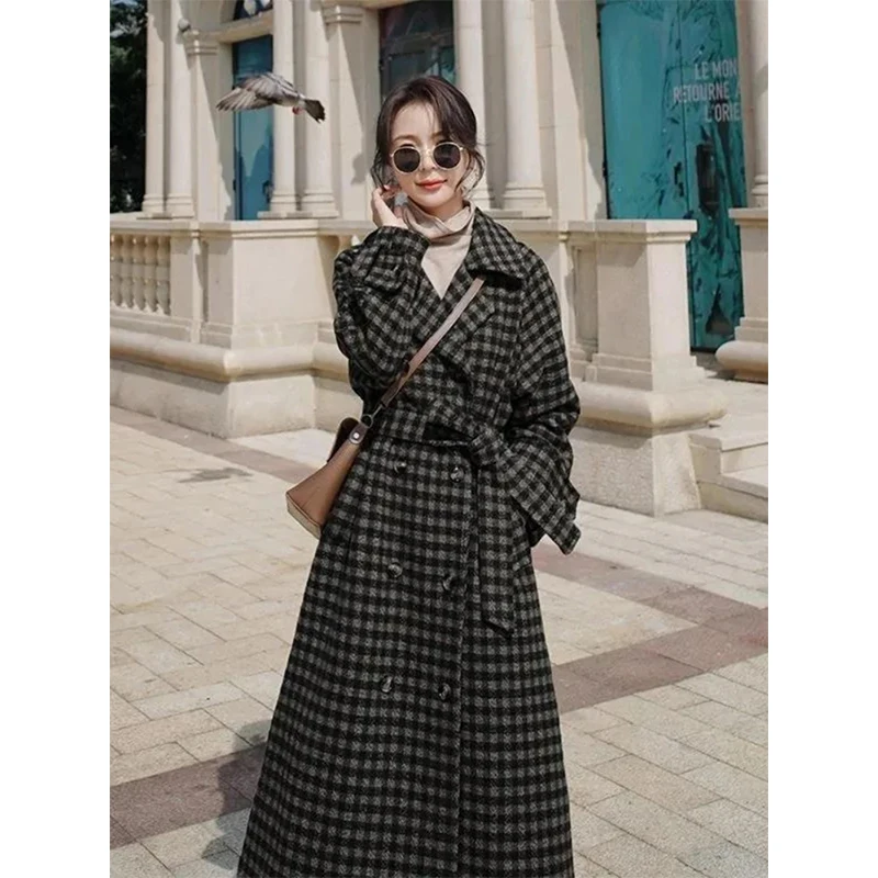 Plaid Long Wool Blends Coats Women Vintage Quilted Blazer Double Breasted Woolen Jackets Korean Thick Overcoat Winter Outerwear