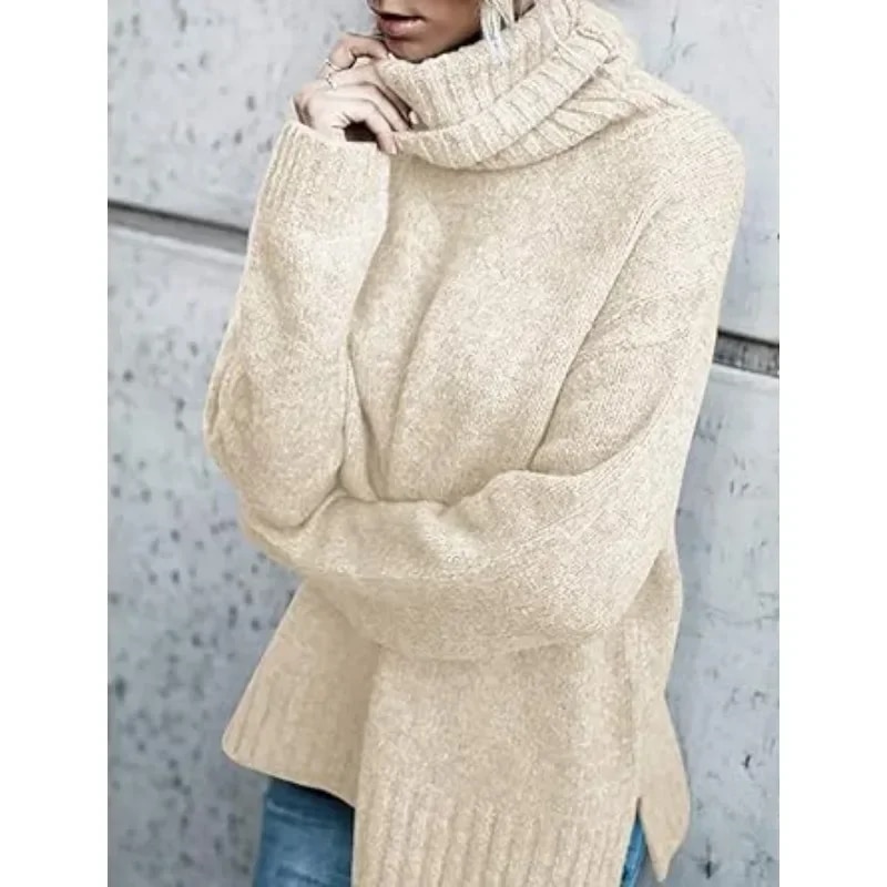 Fall Winter Turtleneck Tops Warm Knitted Ribbed Pullover Sweaters High Neck Oversized Sweater Cable Knit Long Sleeve Jumper Tops