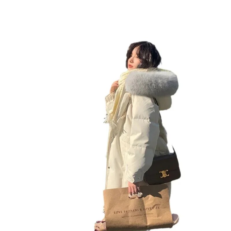 Winter New Fashion Women's Fur Collar Hoodie Loose Down Jacket Thickening Winter Long Korean Style Windproof Long Parkas