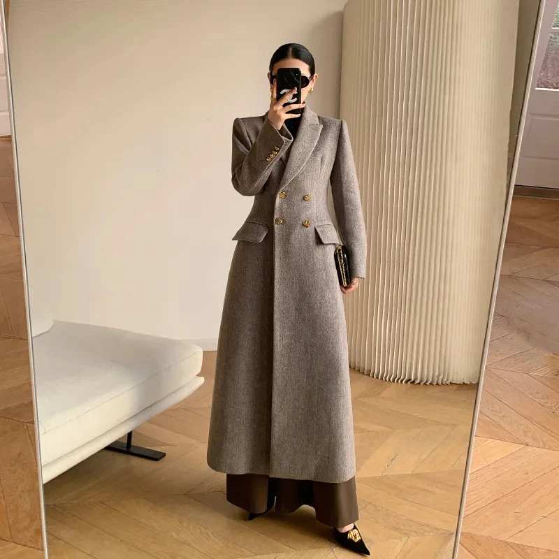 Long Wool Coat Women Elegant Woolen Blazer Jackets Vintage Korean Slim Suit Overcoat Winter Office Lady Simple Casual Outwear