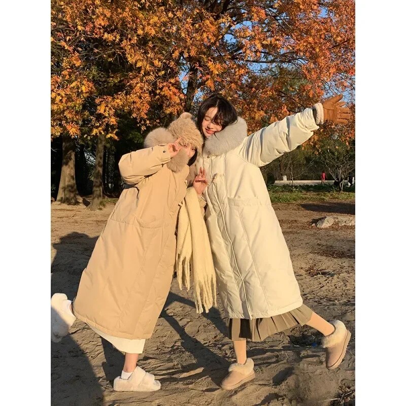 Winter New Fashion Women's Fur Collar Hoodie Loose Down Jacket Thickening Winter Long Korean Style Windproof Long Parkas