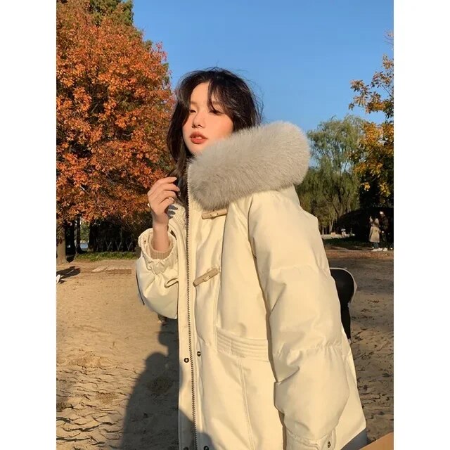 Winter New Fashion Women's Fur Collar Hoodie Loose Down Jacket Thickening Winter Long Korean Style Windproof Long Parkas