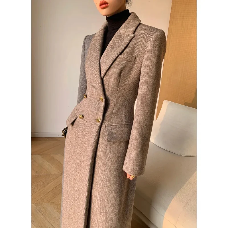 Long Wool Coat Women Elegant Woolen Blazer Jackets Vintage Korean Slim Suit Overcoat Winter Office Lady Simple Casual Outwear