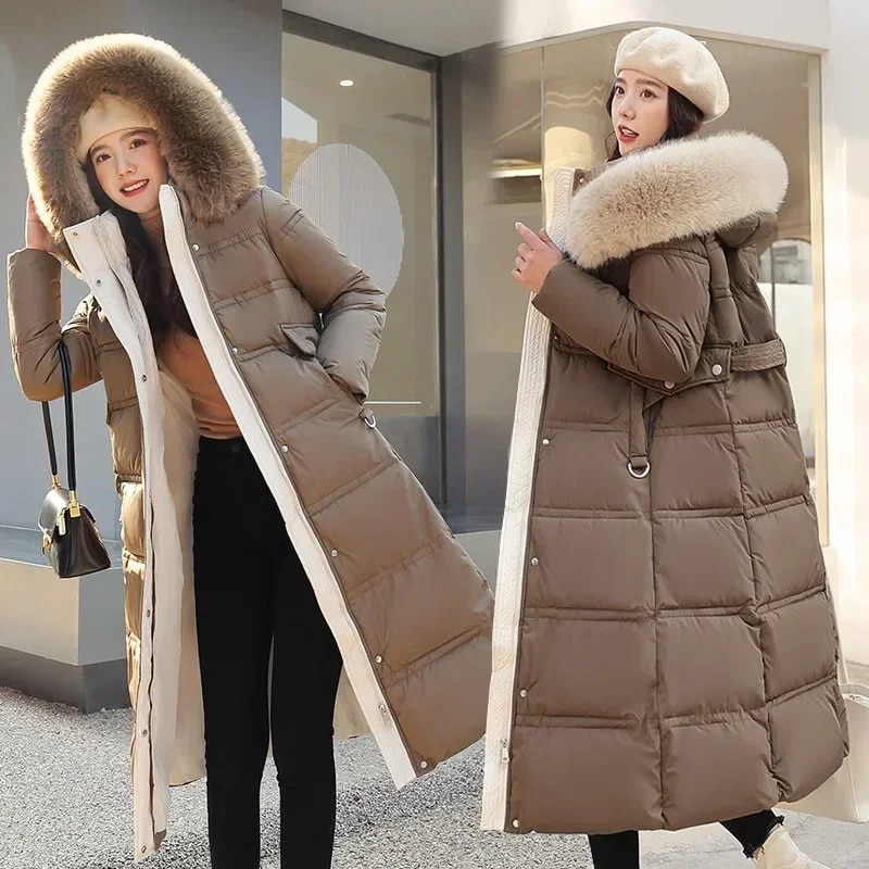 New Women Winter Jacket Long Coat Fur Collar Hooded Down Parka Overcoat Warm Long Thick Cotton Wadded Jacket Outwear