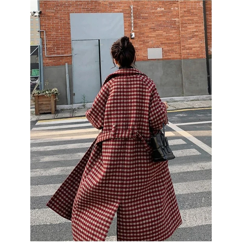 Plaid Long Wool Blends Coats Women Vintage Quilted Blazer Double Breasted Woolen Jackets Korean Thick Overcoat Winter Outerwear