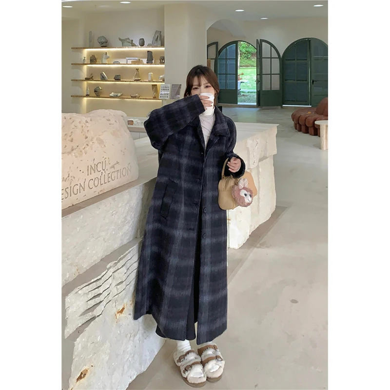 M-4Xl Vintage Long Wool Blends Coats Women Plaid Woolen Jackets Streetwear Korean Plus Size Overcoat Winter Quilted Outerwear