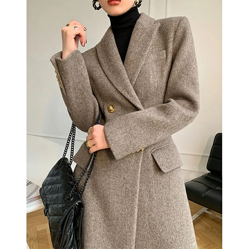 Long Wool Coat Women Elegant Woolen Blazer Jackets Vintage Korean Slim Suit Overcoat Winter Office Lady Simple Casual Outwear