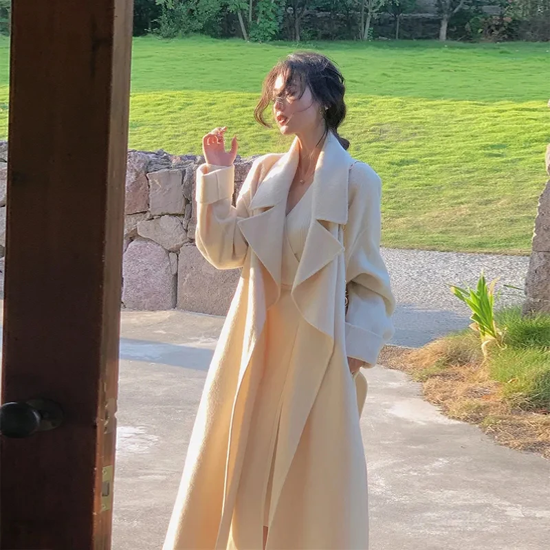 Elegant Long Wool Coats Women Belt Cardigan Woolen Overcoat Korean Lace Up Outwear Winter Vintage Oversized Casual Jackets Tops