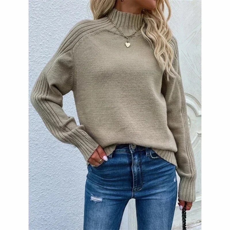 Autumn and Winter Hot Selling Solid Color Women Sweater Cable Sweater Casual Pullover Loose Turtleneck Warm Pullover Loose Soft