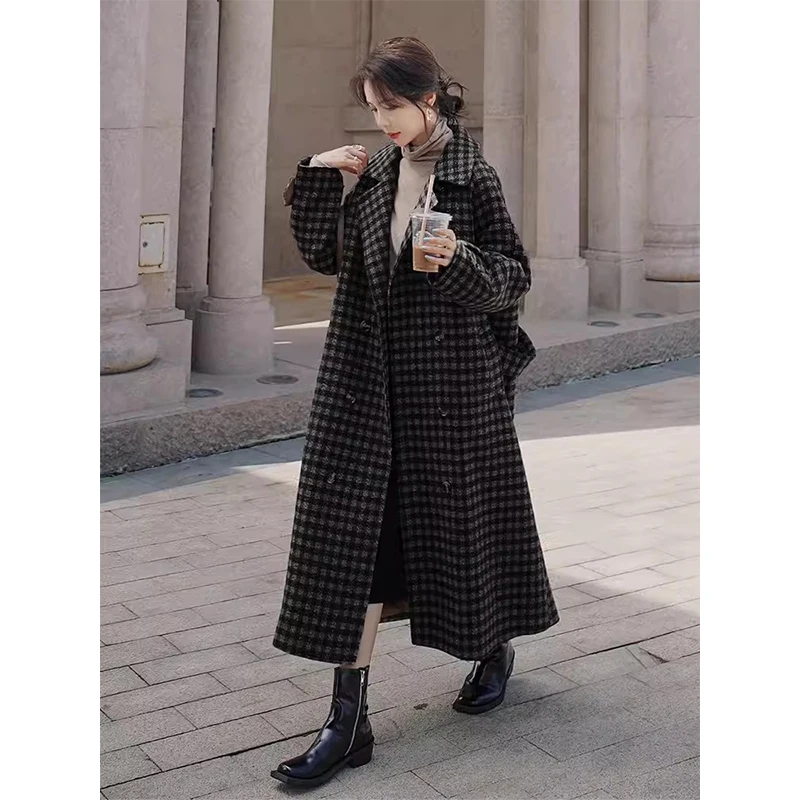 Plaid Long Wool Blends Coats Women Vintage Quilted Blazer Double Breasted Woolen Jackets Korean Thick Overcoat Winter Outerwear