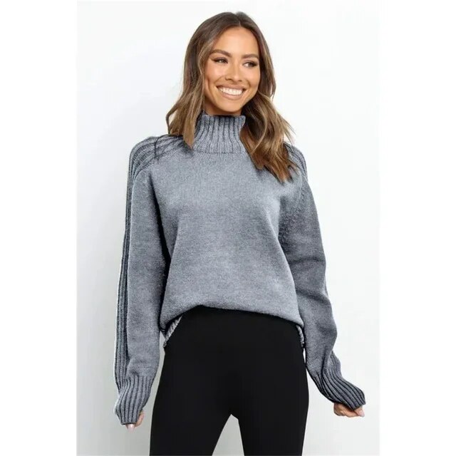 Autumn and Winter Hot Selling Solid Color Women Sweater Cable Sweater Casual Pullover Loose Turtleneck Warm Pullover Loose Soft