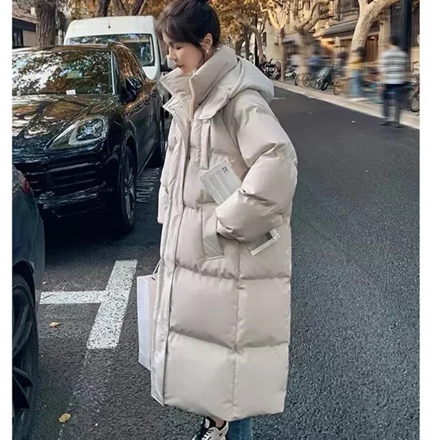 Winter Thickened Down Padded Coat Hooded Women Korean Loose Solid Color Long Over The Knee Padded Coat New Parkas