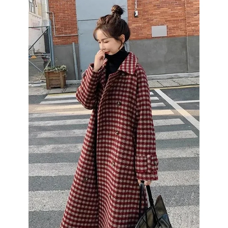 Plaid Long Wool Blends Coats Women Vintage Quilted Blazer Double Breasted Woolen Jackets Korean Thick Overcoat Winter Outerwear