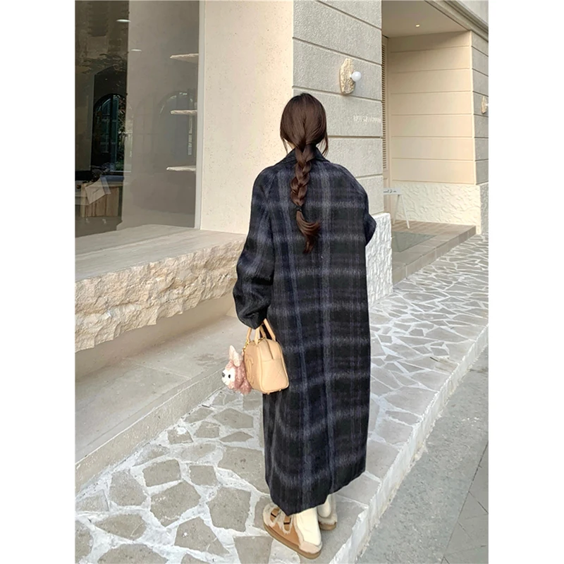 M-4Xl Vintage Long Wool Blends Coats Women Plaid Woolen Jackets Streetwear Korean Plus Size Overcoat Winter Quilted Outerwear