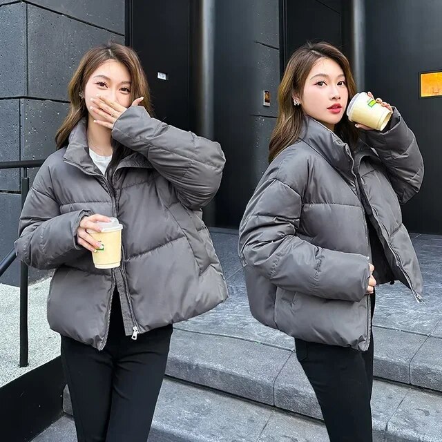 New Winter Down Cotton Jacket Women Zipper Loose Padded Coat Female Solid Thickening Warm Puffer Parkas Jackets Black White