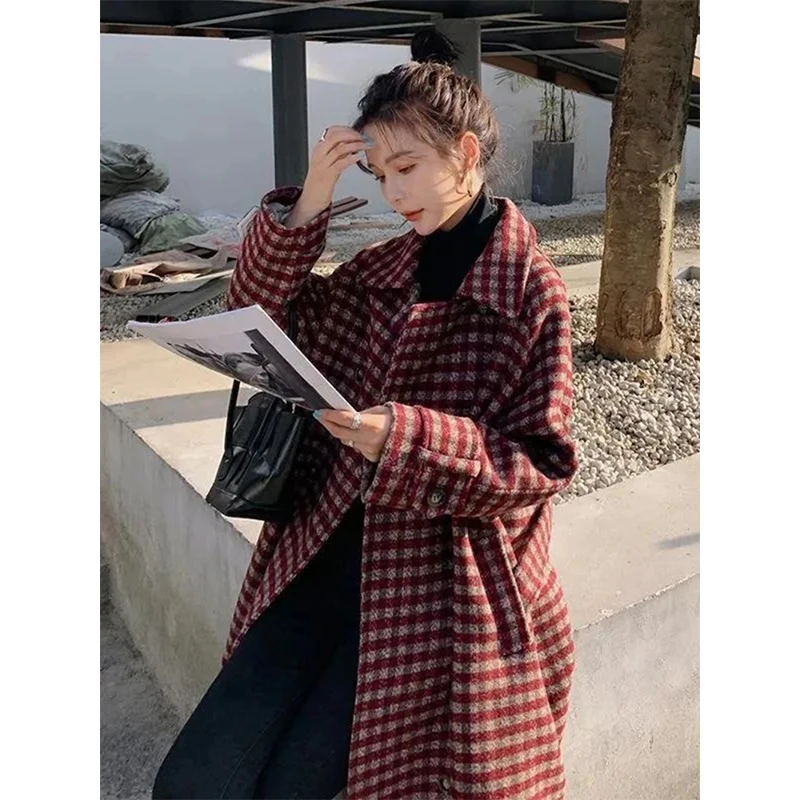 Plaid Long Wool Blends Coats Women Vintage Quilted Blazer Double Breasted Woolen Jackets Korean Thick Overcoat Winter Outerwear