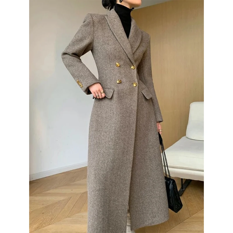 Long Wool Coat Women Elegant Woolen Blazer Jackets Vintage Korean Slim Suit Overcoat Winter Office Lady Simple Casual Outwear