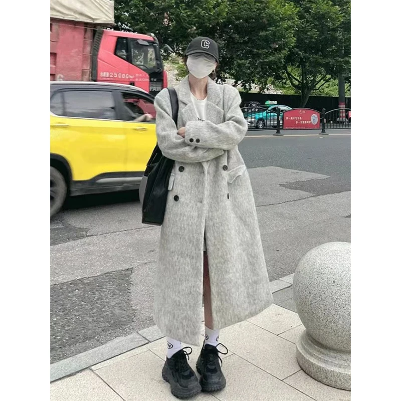 Long Wool Blends Coats Women Streetwear Quilted Jackets Korean Black Blazer Winter Woolen Outerwear Double Breasted Overcoat