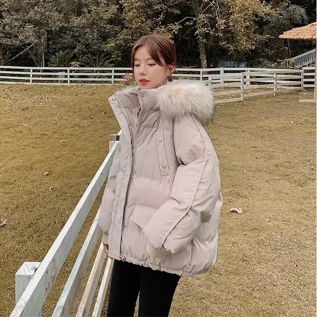 New Fashion Women's Cotton-padded Down Jacket Fur Casual Parkas Collar Quilted Jacket Loose Puffer Clothing Thickened Coat Short