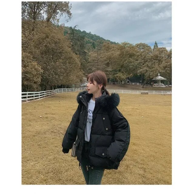 New Fashion Women's Cotton-padded Down Jacket Fur Casual Parkas Collar Quilted Jacket Loose Puffer Clothing Thickened Coat Short