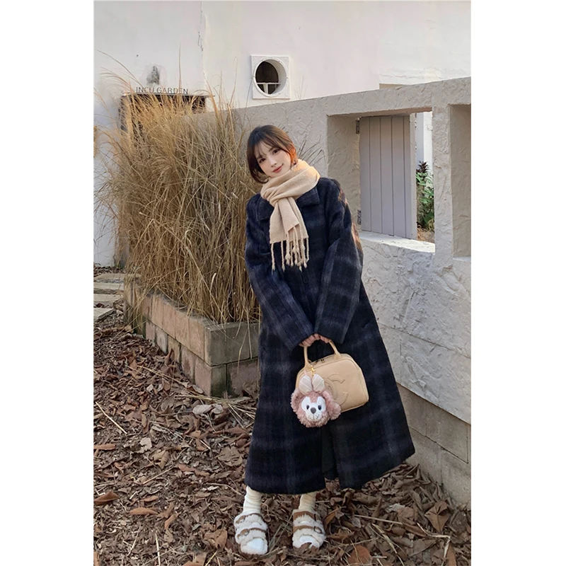 M-4Xl Vintage Long Wool Blends Coats Women Plaid Woolen Jackets Streetwear Korean Plus Size Overcoat Winter Quilted Outerwear