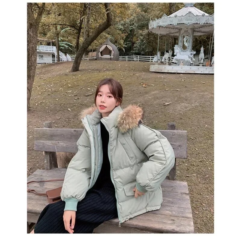 New Fashion Women's Cotton-padded Down Jacket Fur Casual Parkas Collar Quilted Jacket Loose Puffer Clothing Thickened Coat Short