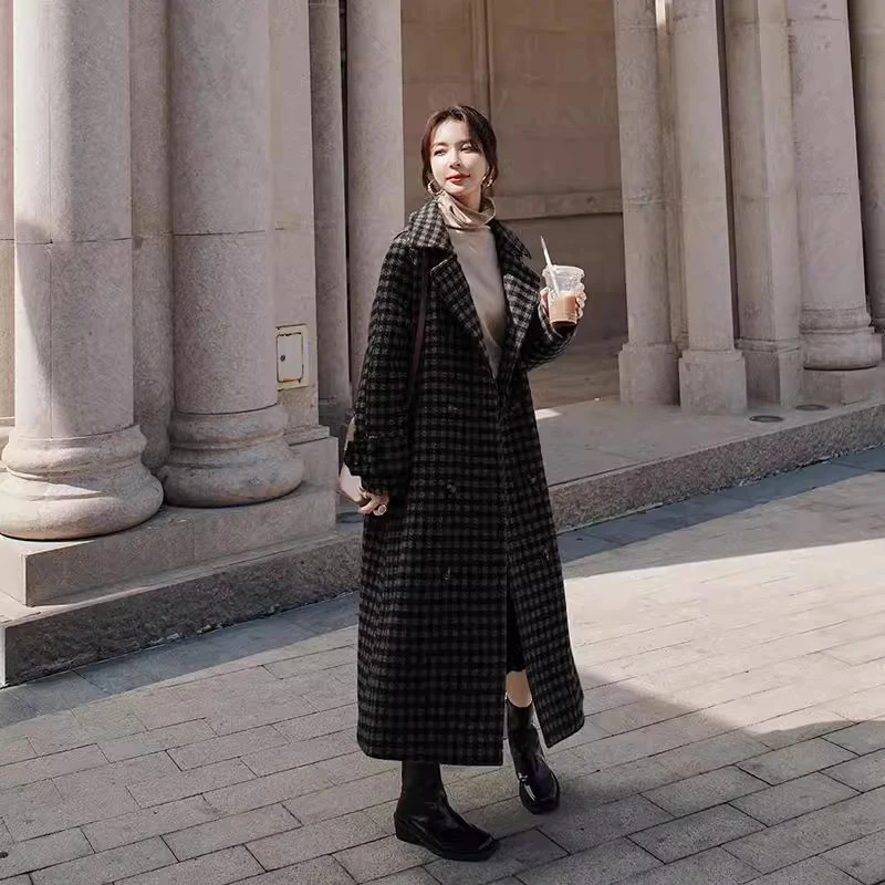 Plaid Long Wool Blends Coats Women Vintage Quilted Blazer Double Breasted Woolen Jackets Korean Thick Overcoat Winter Outerwear
