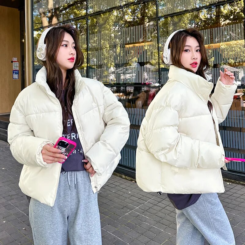 New Winter Down Cotton Jacket Women Zipper Loose Padded Coat Female Solid Thickening Warm Puffer Parkas Jackets Black White