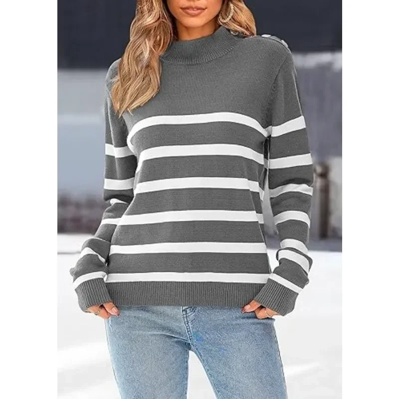 New Fashion Women's  Fall Winter Long Sleeve Knit Sweater Turtleneck Striped Loose Pullover Tops Deco with Metal Buttons