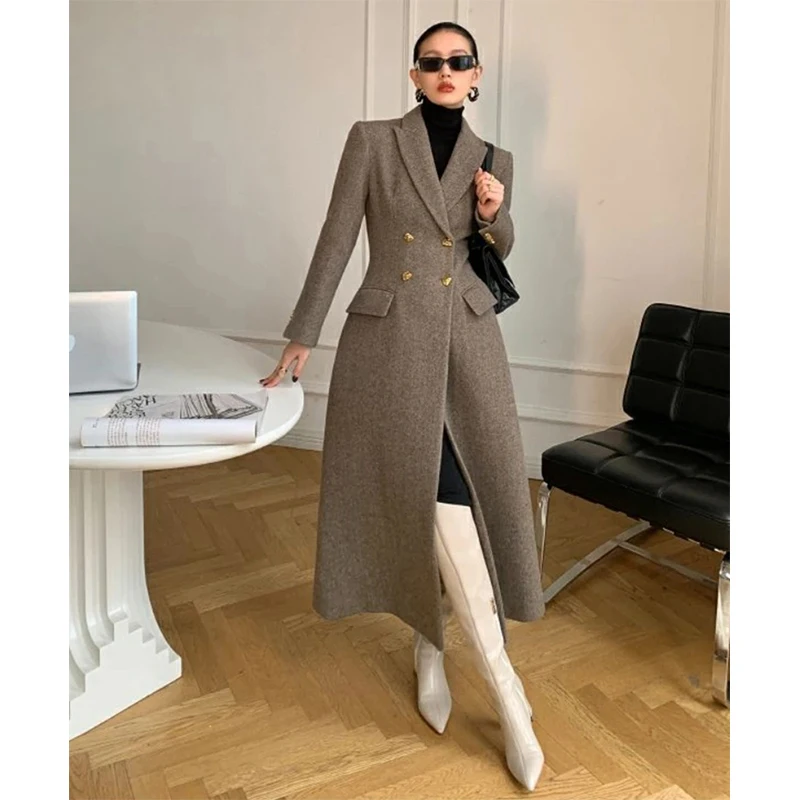 Long Wool Coat Women Elegant Woolen Blazer Jackets Vintage Korean Slim Suit Overcoat Winter Office Lady Simple Casual Outwear