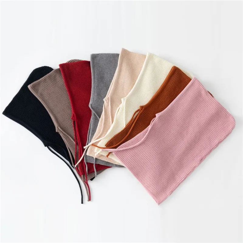 New Women Hooded Scarf Pullover Hat Winter Solid Color Knitted Pullover Drawstring Balaclava Hat Winter Warm Beanie Gothic Hats