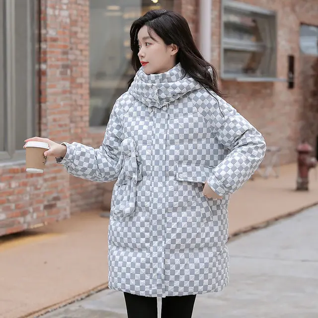 Winter Warm Clothes for Women Long Hooded Down Jacket White Duck Down Chessboard Grid Mid Length Korea Winter Women's Cold Coat