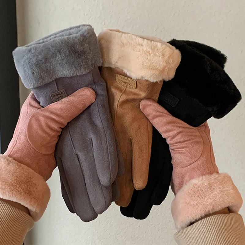 Winter Suede Leather Gloves Women Full Finger Female Warm Plus Velvet Thicken Cahsmere Elastic Windproof Touchscreen Gloves